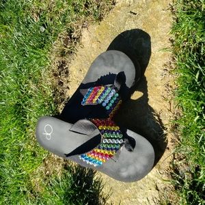 Summer sandals with hand placed crystals. Size 6 Op wedges.